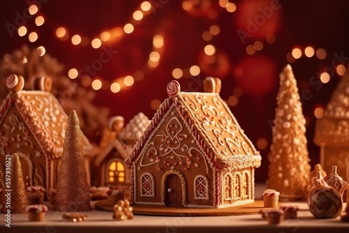 Realistic table decorated, Gingerbread house, generative AI