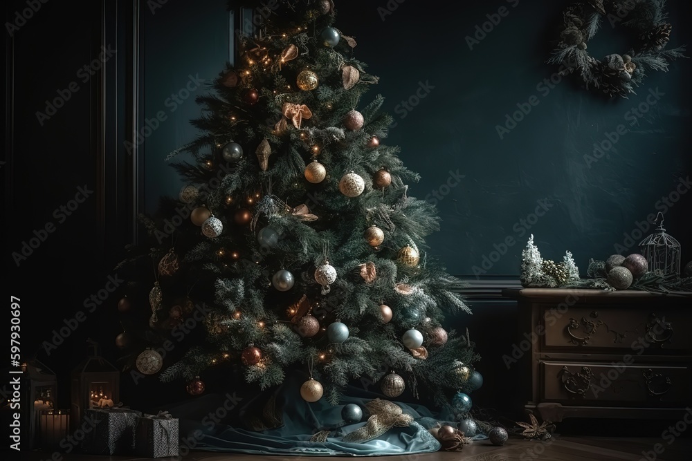 luxury Christmas tree ornamented with baubles, generative AI