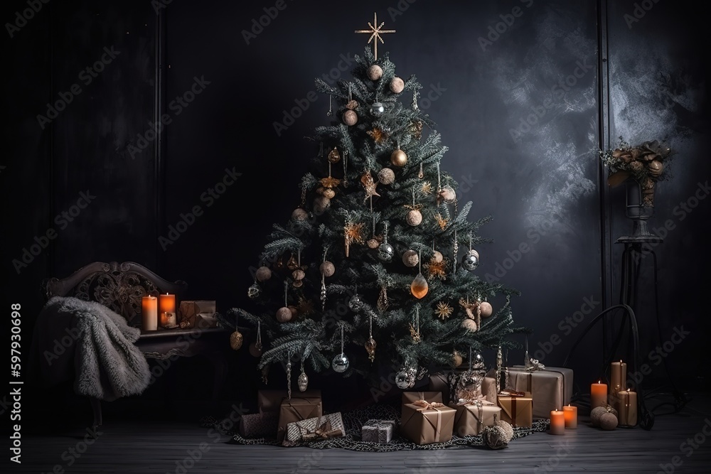 luxury Christmas tree ornamented with baubles, generative AI