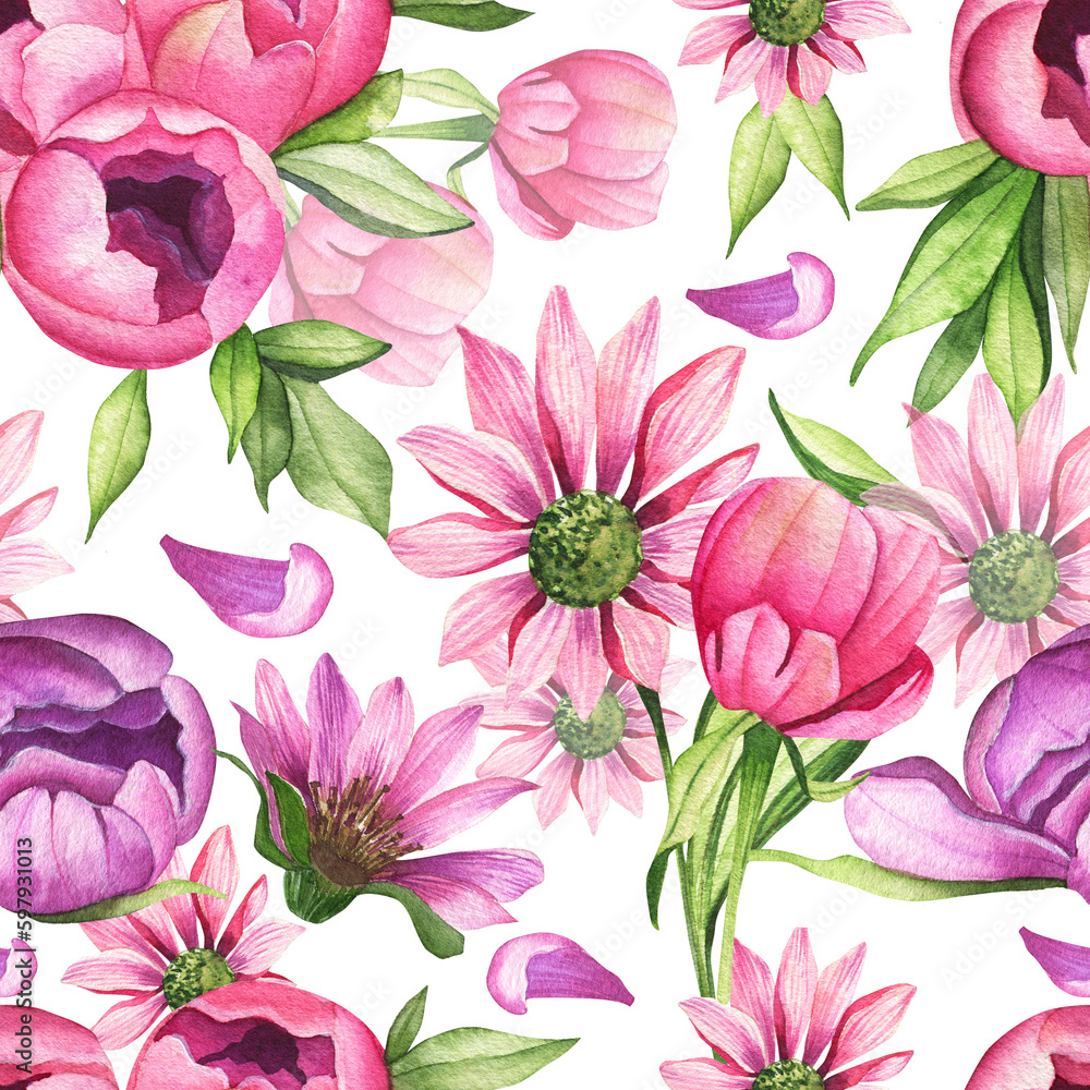 Seamless watercolor pattern. Hand drawn pink, purple peonies and chrysanthemums on a white background. Flowers, botany.