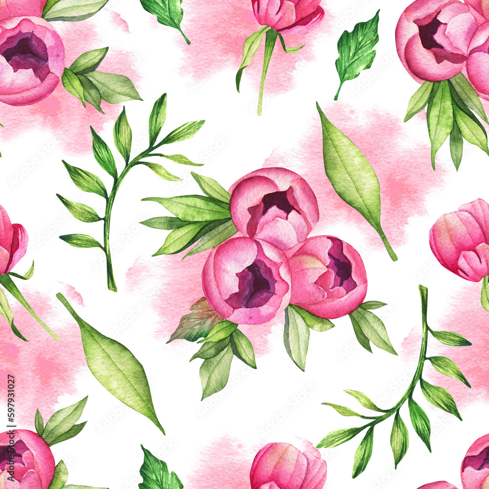 Seamless watercolor pattern. Hand-painted pink peonies and green leaves on a white background. Holidays, botany, printing on fabric.
