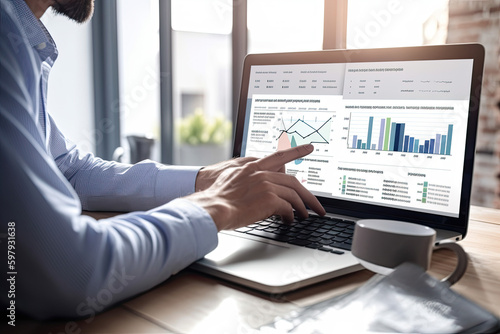 Business person analyzing accounting data on a laptop screen, concept of data visualization, graphs, charts, infographics, dashboard, financial data, collaboration, discussion