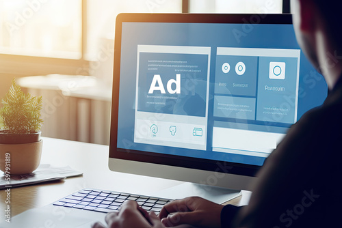 Business person analyzing programmatic ad data on a laptop screen, real-time ad bidding, online advertisement exchange, concept of targeting, automation, algorithm, inventory, demand-side, supply-side photo