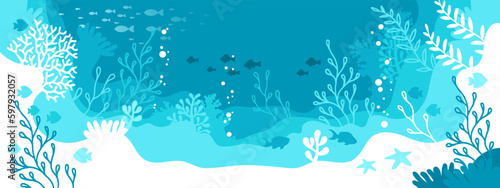 Horizontal blue background. Underwater marine life of a coral reef. World oceans day
