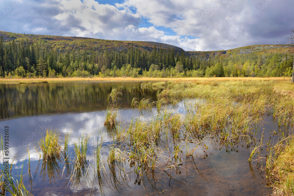 beautiful view on a lake in a sweden national park with hill and forest background beautiful view on a lake in a sweden national park with hill and forest background