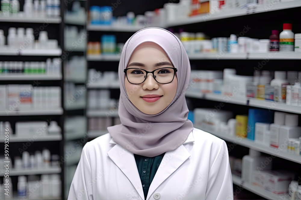 A muslim female pharmacist standing in a pharmacy drugstore. AI generative image. A muslim female pharmacist standing in a pharmacy drugstore. AI generative image.