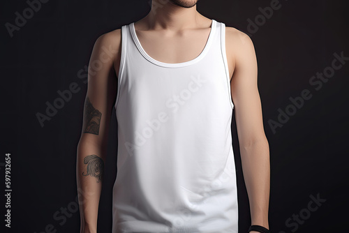 man in a white sleeveless shirt on black background, cropped image, mockup concept. AI generative image.