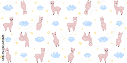 Cute alpacas with a heart on fur, clouds and small stars on a white background. Endless texture with adorable animal and sky. Vector seamless pattern for surface texture, giftwrap, nursery room, print