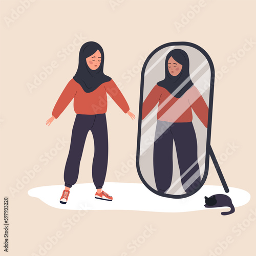 Eating disorder. Slim arabian woman looking herself fat in mirror and feel insecure human. Rejection of yourself. Bulimia or anorexia. Girl with mental problems. Vector illustration in cartoon style.