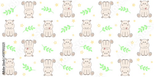 Sitting hippos, green twigs and small yellow stars on a white background. Endless texture with cute tiny behemoths. Vector seamless pattern for wrapping paper, giftwrap, surface texture, cover, print