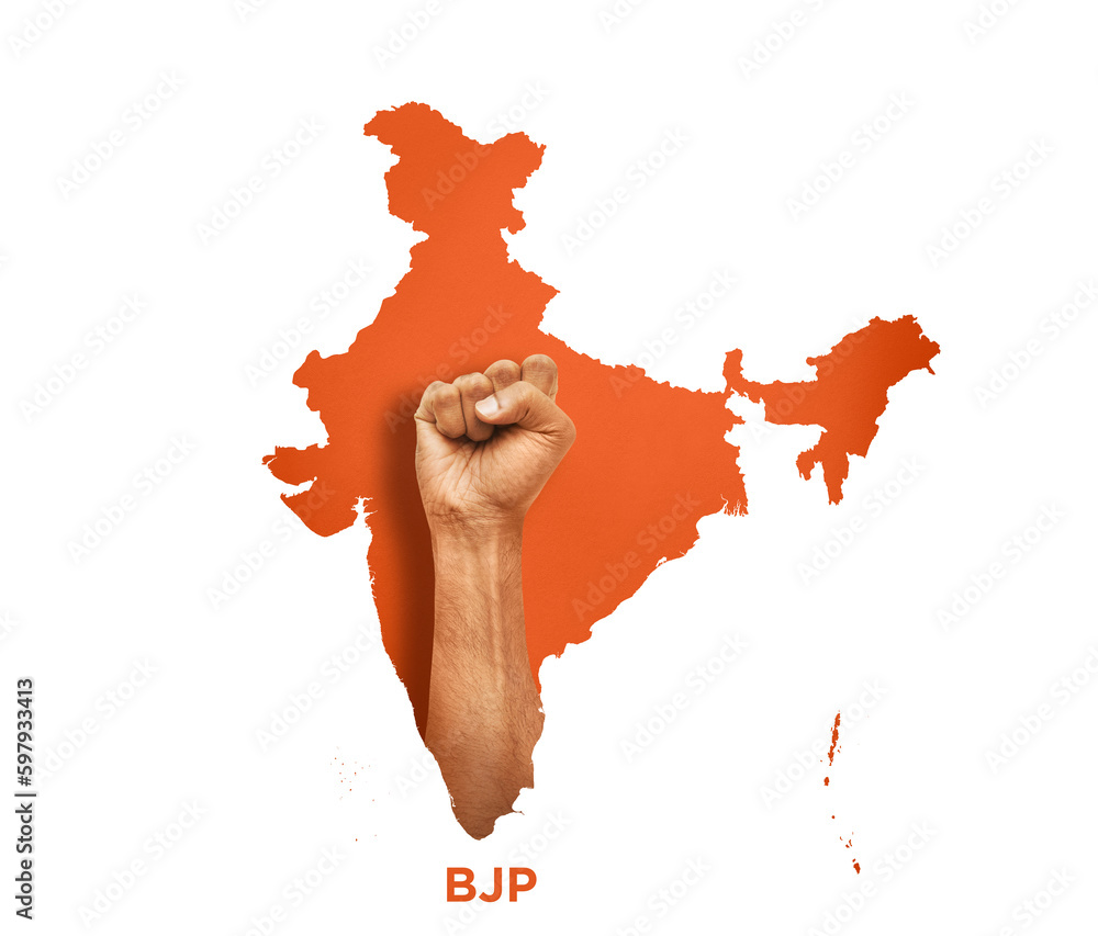 India map Saffron flag with hand to show power of BJP, india election