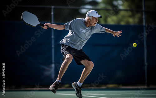 Action shot with copy space of pickleball senior player in mid-air, attempting to hit the ball. Generative AI photo