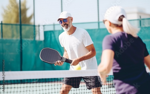 Senior players laughing and having fun while playing pickleball. Generative AI