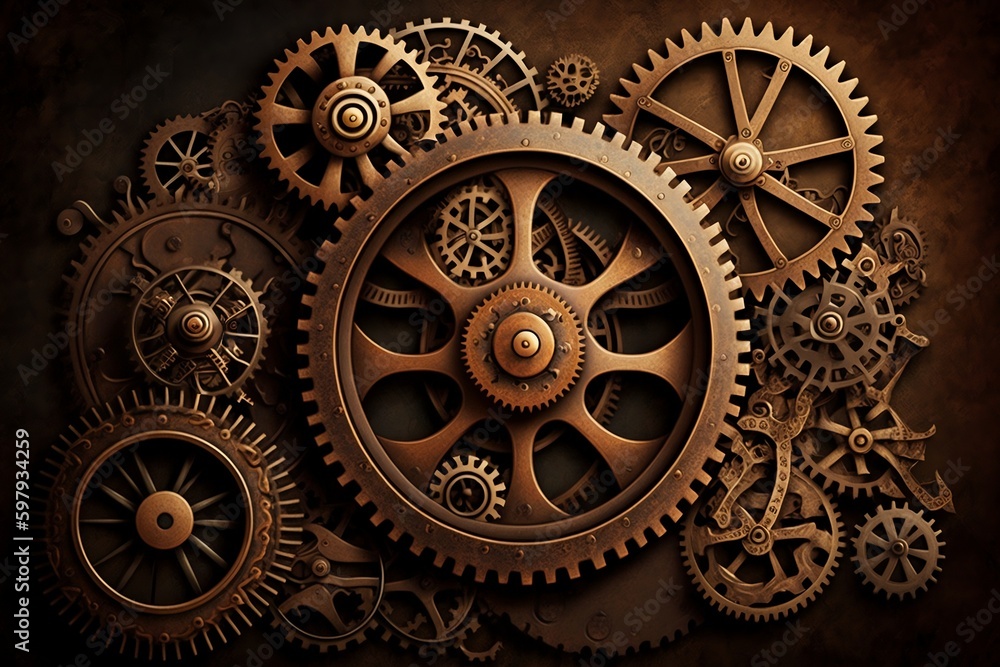 A steampunk background with vintage and rusty machinery gears. AI