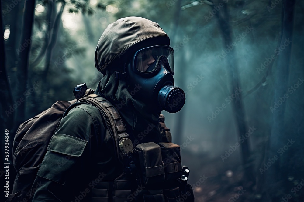 Man in War: Army Soldier Emerges from Danger and Smoke with Protective Gas-Mask and Rifle, Generative AI