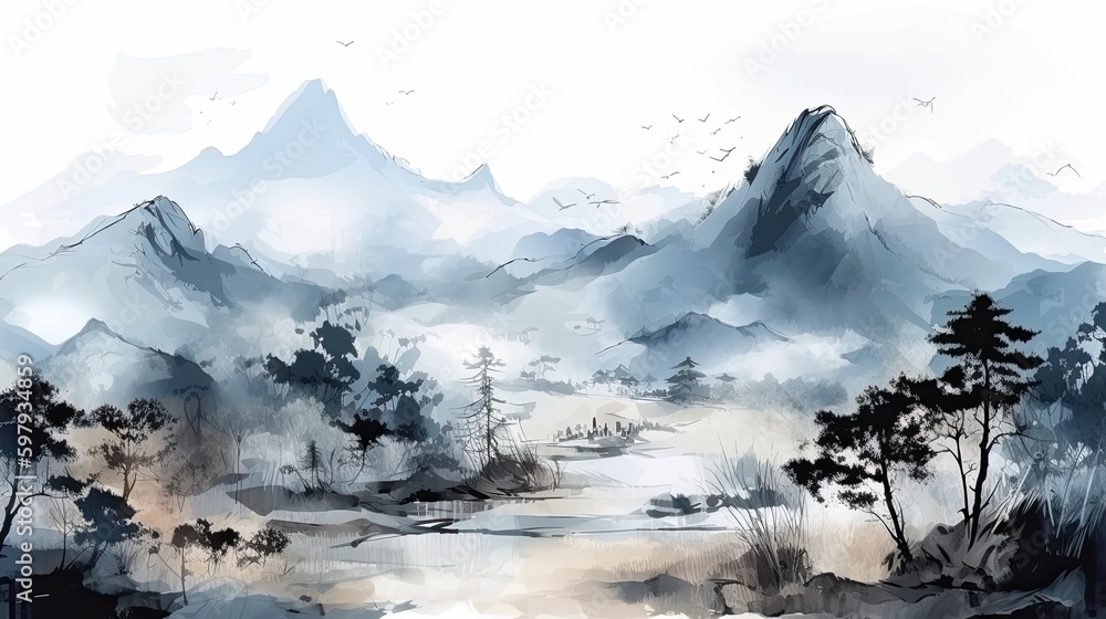 Modern Abstract Landscape of Japan: Nature Background in Watercolor Ink Style Illustration: Generative AI