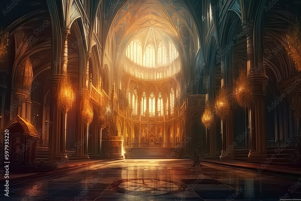 The Glorious Gold of the Saintly Temple: Majestic Palace Hall Interior Fantasy Backdrop Concept Art Realistic Illustration Video Game Background, Generative AI