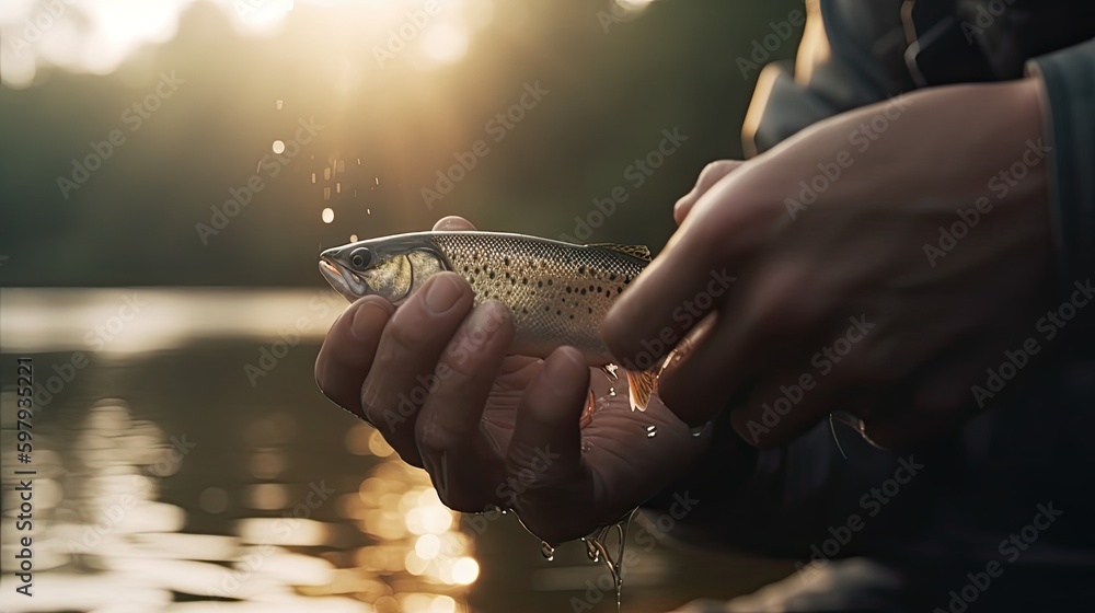 The Perfect Catch: Professional Fisherman Hooks Trout in Underwater View. Generative AI