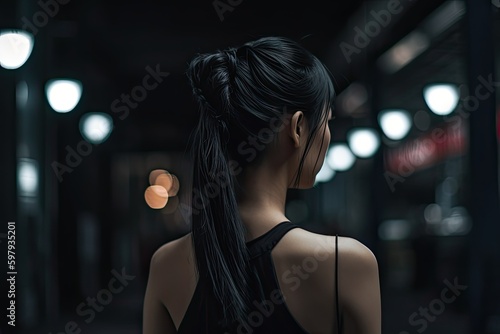 The Beauty of a Female Model: A Rear Portrait of a Woman with Black Hair. Generative AI