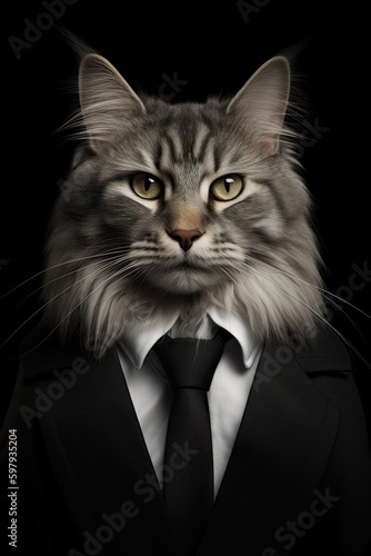 The Cute Felino In the Corporate World: A Portrait of a Female Cat Wearing a Business Suit and Tie, Generative AI © Web
