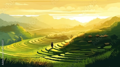 The Rising Sun Illuminating a Green Rice Terrace: A Digital Art Illustration of Nature's Ecological Wonders, Generative AI