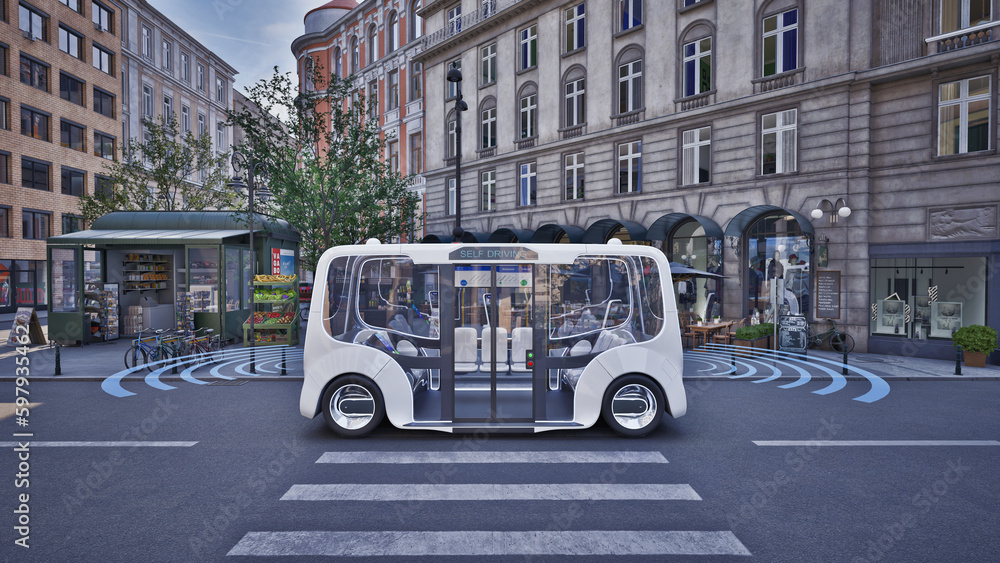 Fototapeta premium Autonomous electric bus self driving on street, Smart vehicle technology concept, 3d render