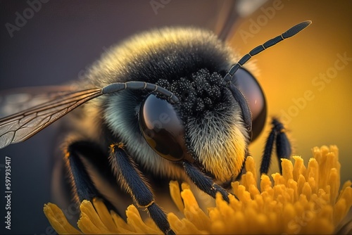 Macro Shot of a Bee Gathering Pollen, Generative AI 