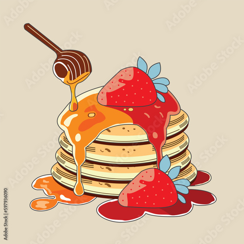 Pancakes with honey and honey on a white background
