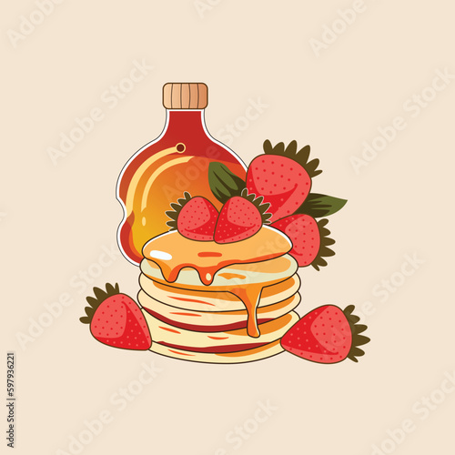 A stack of pancakes with syrup and strawberries.