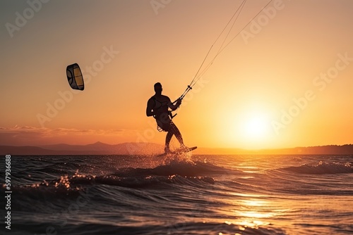 Thrill-Seekers: Acrobatic Kitesurfers Captured in Striking Backlit Silhouettes at Beachside Paradise. Generative AI