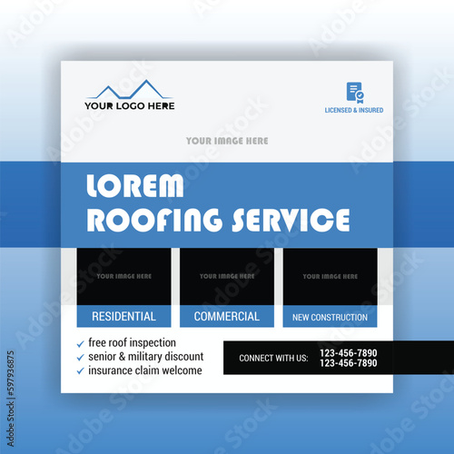 Roofing service social media post design. Promotional banner design for roofing service business. Roofing service ads design template