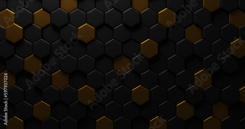 Black and gold hexagon texture background 3D render