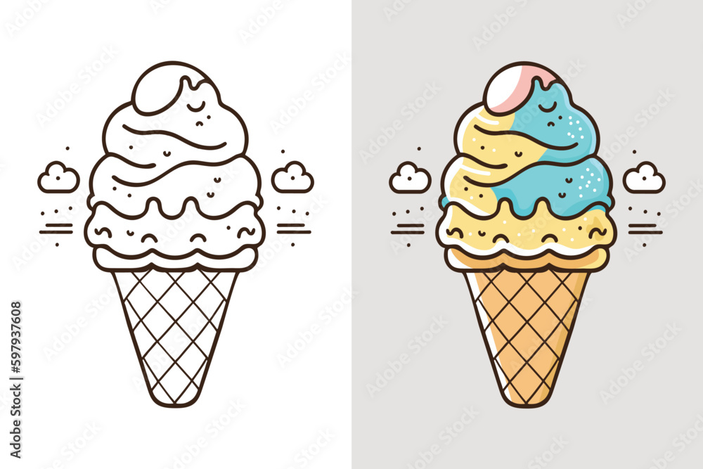 Cute Ice Cream Cartoon Line Art Vector Icon Illustration Food Drink