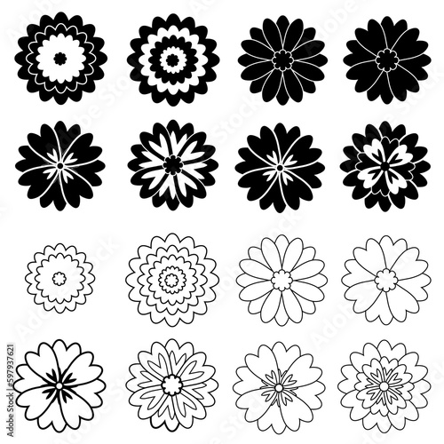 Flower icon pack with white and black overlapping petals