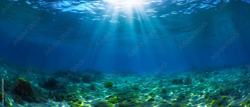 Underwater scene with sunrays light protruding from above the water surface. 21:9 aspect ratio. Generative AI - obrazy, fototapety, plakaty 