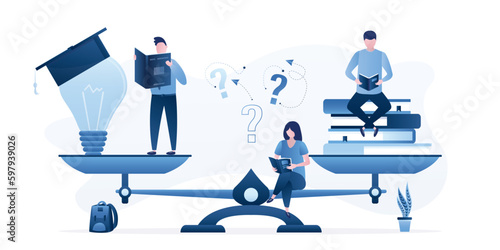 Balance between reading and ideas. Stacks of books and light bulb on measurement scale. Inspiration and education. Graduated from university. Students reading textbooks, learning process.