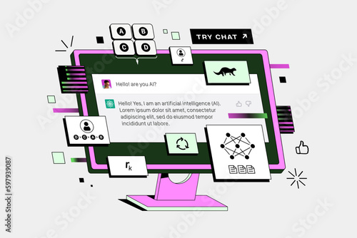 The Chatbot is displayed on the computer. Neural Network Genetates Text. Artificial Intelligence answers questions. ChatGPT concept fake 3d vector illustration.