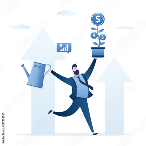 Happy entrepreneur grows money tree. Businessman with watering can and plant pot. Development of profitable startup. Male investor profits from successful venture.