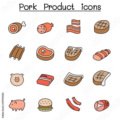 Pig and Pork Product color line icon set