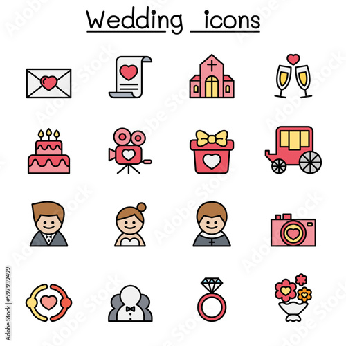 Wedding color line icon set