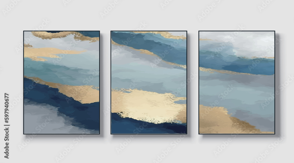 Set of three art paintings, abstract paintings, golden art prints
