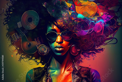 Abstract art in overlapped musician with hairstyle decorated by instrument design. Concept of captivated in exotic music styles with cyberpunk color. Glorious generative AI. Generative AI photo