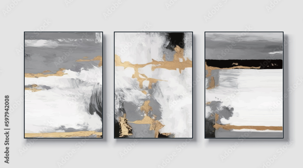 Set of three art paintings, abstract paintings, golden art prints