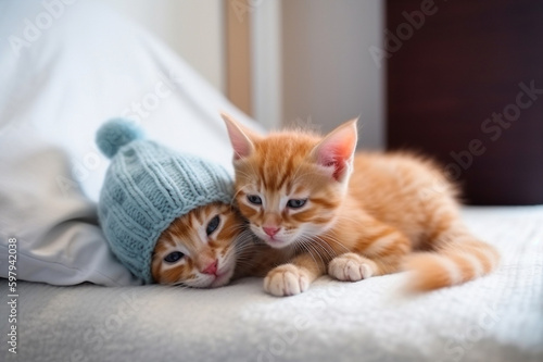Ginger kittens sleeping together. Generative AI