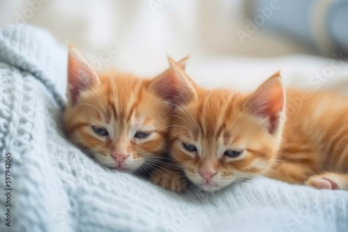 Ginger kittens sleeping together. Generative AI © Irina Bort