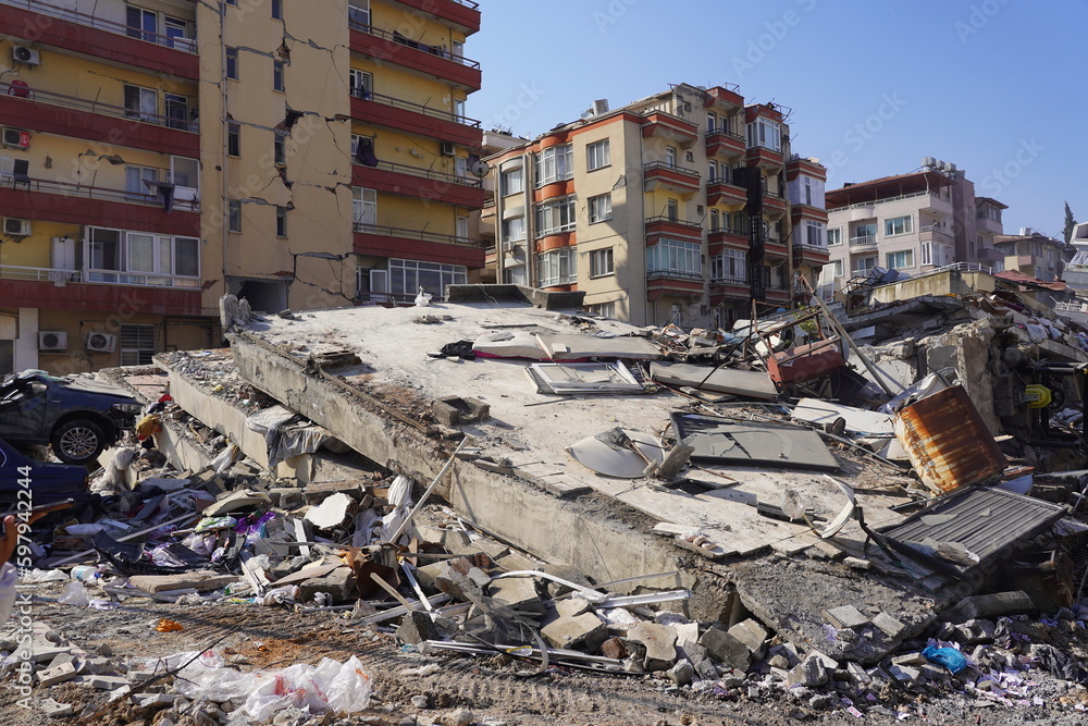 Antakya, Turkey - February 2023 Turkey Earthquake scene when a large earthquake struck Turkey Syria, destroying homes and facilities; many people died, and many more lost their loved
