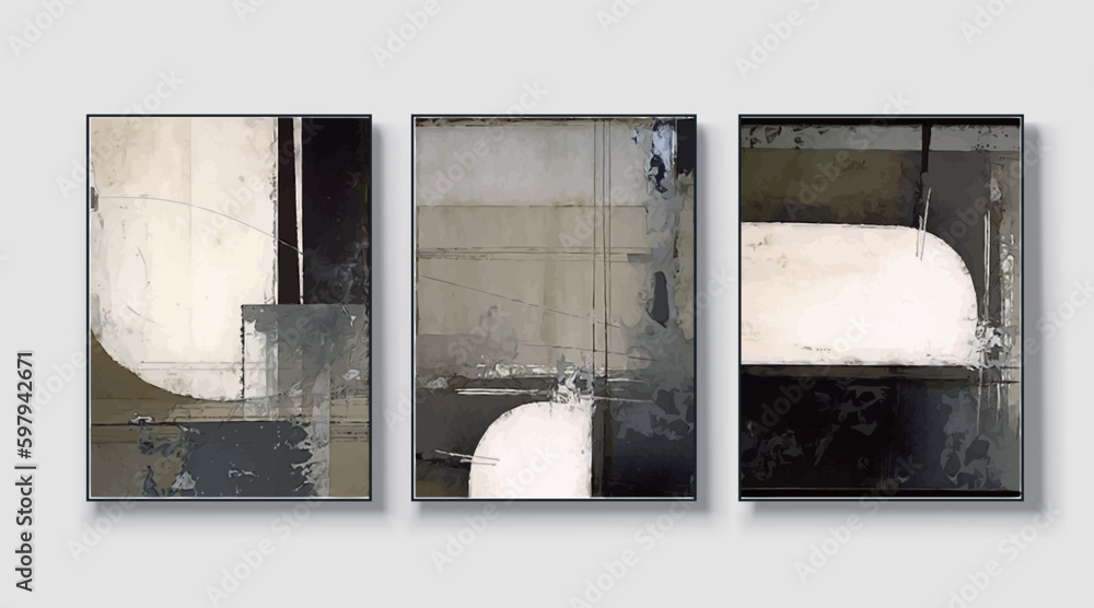 Set of three art paintings, abstract paintings, golden art prints