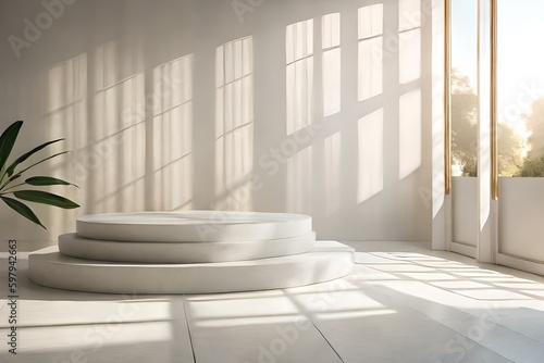 Experience the ultimate in luxury beauty with our organic skincare line, beautifully showcased on this elegant, curved cement podium with a textured surface and a stunning backdrop of dappled sunlight