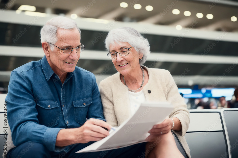 Cute senior couple tourist looking at flight documents at the departure hall of a modern airport. Travel concept. Generative AI Cute senior couple tourist looking at flight documents at the departure hall of a modern airport. Travel concept. Generative AI