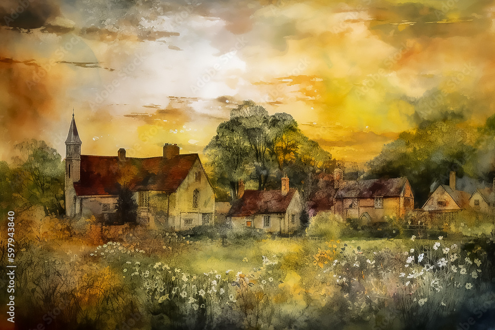 Obraz premium Illustration of oil painting style medieval village, Generative AI image.